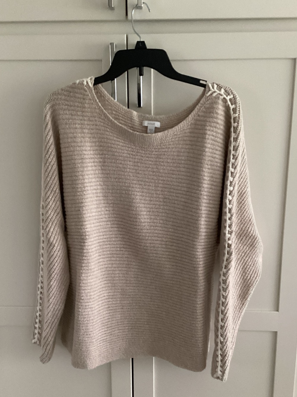 J. Jill Cream Crewneck Knit Sweater with Lace-Edge Sleeves